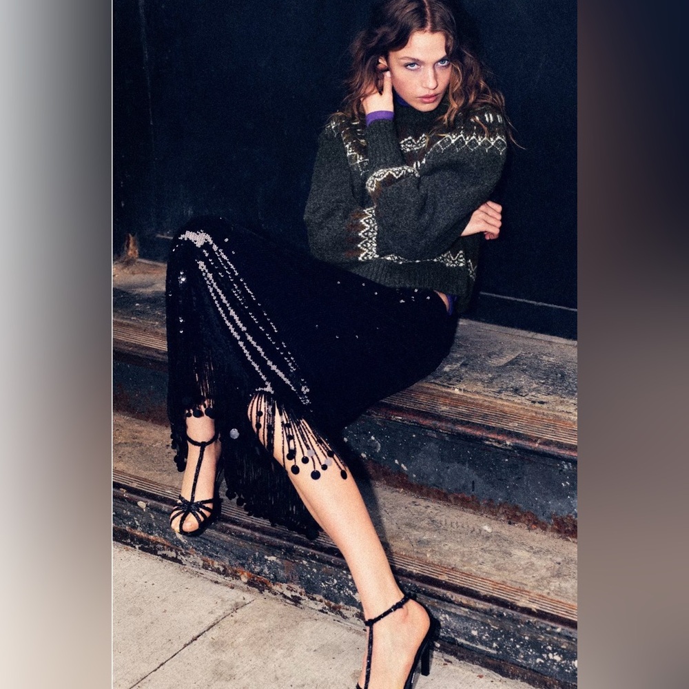 NEW. ZARA 🖤 SEQUIN LONG SKIRT - Picture 10 of 15